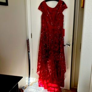 Eliza J sequin asymmetrical dress.  Lace sleeves. Scooped back. Train
